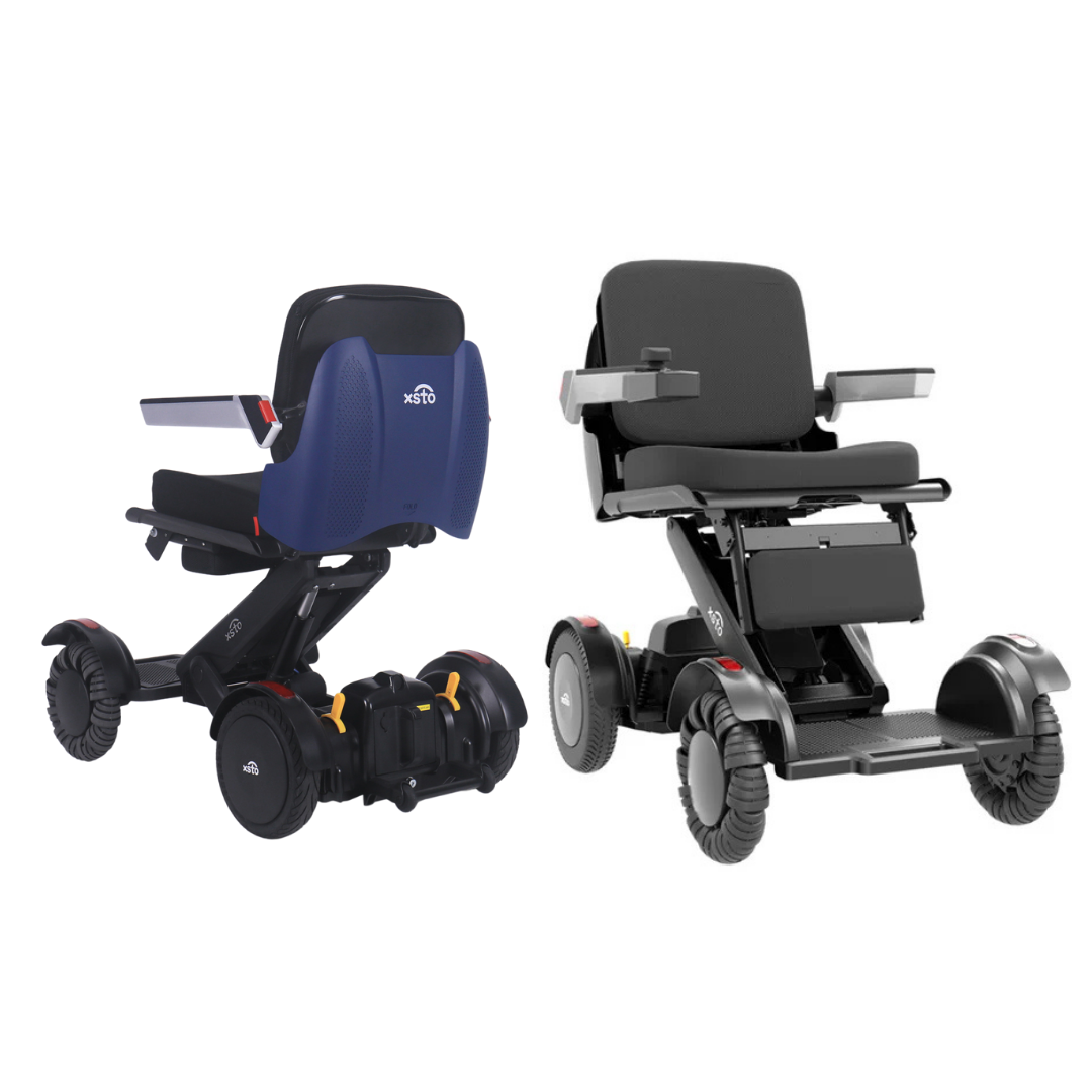 The XSTO Mobility M4 Self-Balancing Powerchair with APP Control is shown in blue and black variants, featuring modern design, gray armrests, and large wheels—ideal for anyone needing a travel mobility chair.